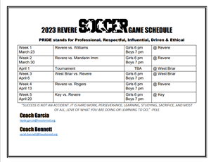 2023 Soccer Schedule
